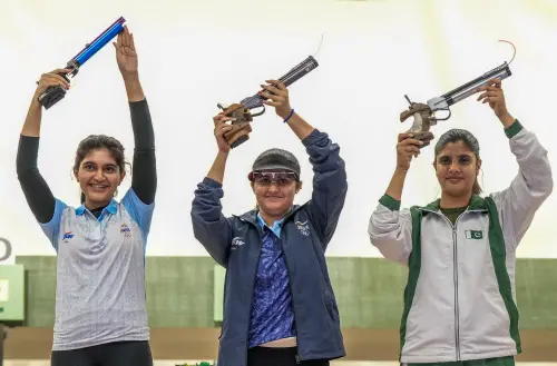 Hangzhou: Gold medal winner Indian shooter Palak with silver medallist compatriot Esha Singh (L) and bronze medallist Pakistan's Kishmala Talat after finals of women's 10m air pistol (individual) event at the 19th Asian Games, in Hangzhou, China, Friday, Sept. 29, 2023. (PTI Photo/Shailendra Bhojak)