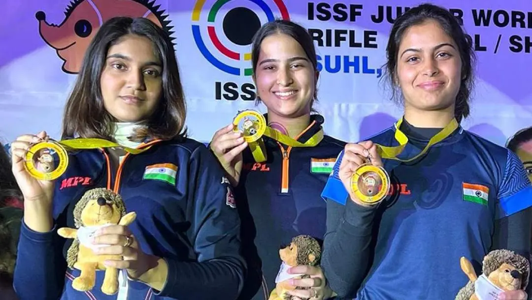 The Indian triumvirate of Manu Bhaker, Esha Singh and Rhythm Sangwan fired in tandem to shoot the gold medal in the women's 25m pistol team event at the Asian Games. Photo: X