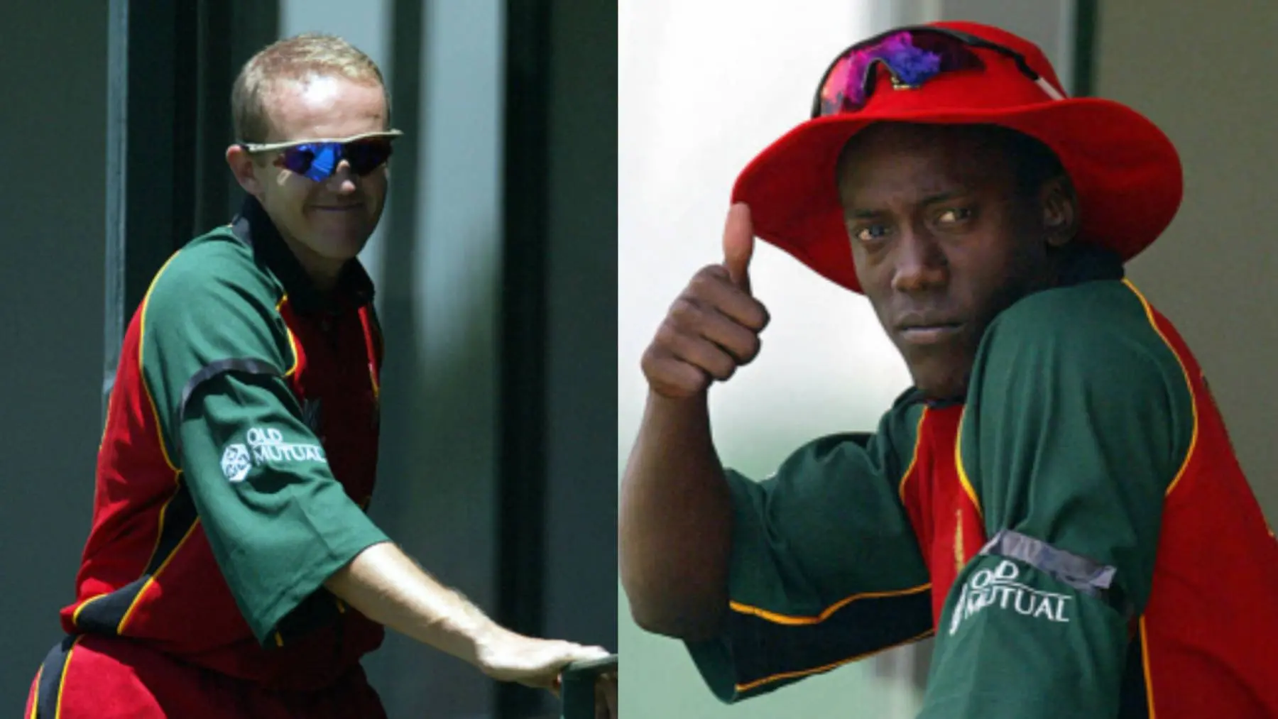 FILES) Zimbabwean batman Henry Olonga (R) wears a black arm band as a sign of protest at the Harare Sports Ground on February 10, 2003 ahead of the first 2003 World Cup Cricket match between Zimbabwe and Namibia in Harare. Henry Olonga and his teammate Andy Flower hit the front pages during the Cricket World Cup of 2003 with their simple 'Death of Democracy' protest against the authoritarian government of Robert Mugabe, spelling the end of both of their international playing careers. (Photo by Alexander JOE / AFP)