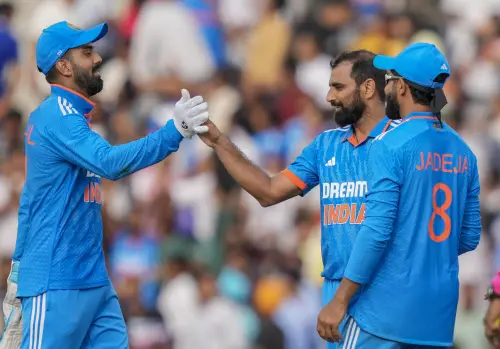 Mohali: Indian cricketers KL Rahul, Mohammed Shami and Ravindra Jadeja celebrate the wicket of Australian batter Cameron Green during the first ODI cricket match between India and Australia, in Mohali, Friday, Sept. 22, 2023. (PTI Photo/Kamal Kishore)