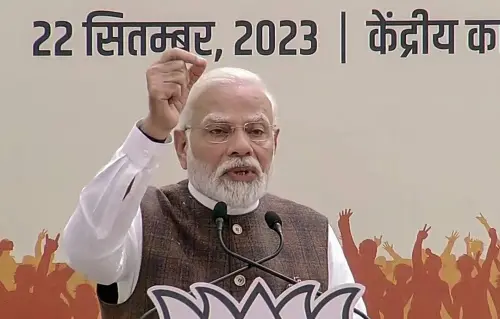 Prime Minister Narendra Modi addresses the Bharatiya Janata Party (BJP) women leaders and supporters during the celebration after the passing of the Nari Shakti Vandan Adhiniyam (Women's Reservation Bill) in both Houses of Parliament, at party Central Office Extension, in New Delhi on Friday. (ANI Photo)