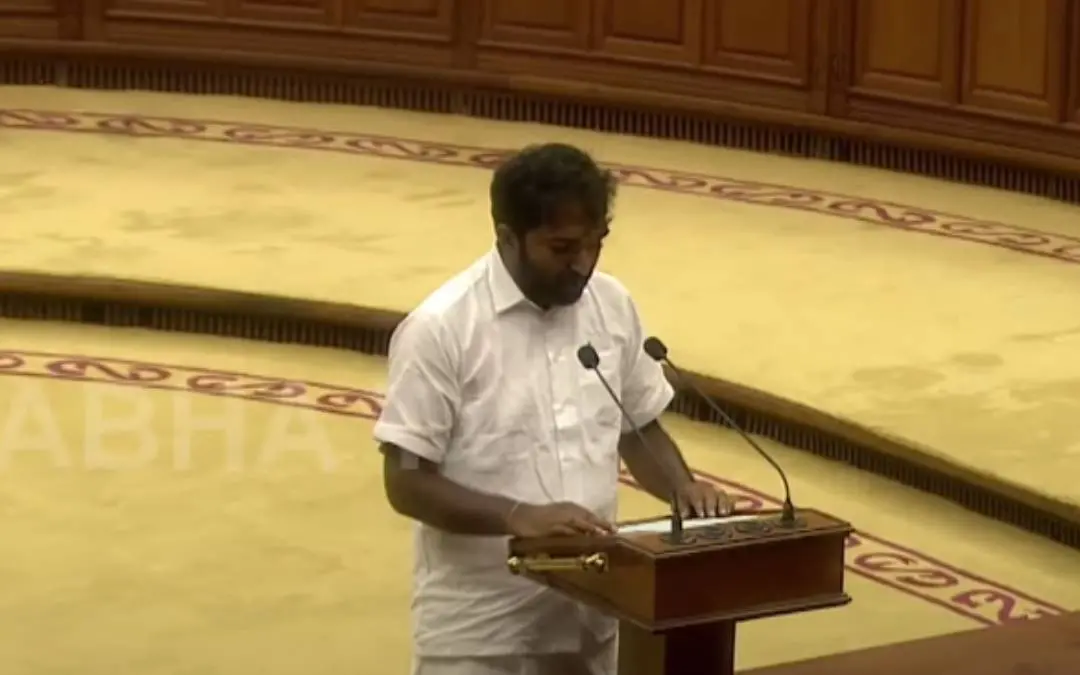 Chandy Oommen taking oath as the new MLA of Puthuppally at the Kerala assembly on Monday.