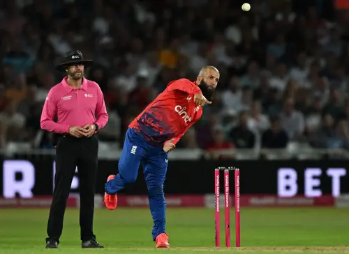 England's captain Moeen Ali bowls during the fourth T20 international cricket match between England and New Zealand at Trent Bridge in Nottingham, central England, on September 5, 2023. Photo: AFP