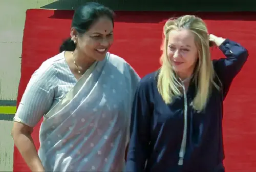 New Delhi, Sept 8 (ANI): Italian Prime Minister Giorgia Meloni being welcomed by Union Minister of State for Agriculture and Farmers' Welfare Shobha Karandlaje on her arrival to attend the G20 Summit, at the airport, in New Delhi on Friday. (ANI Photo)