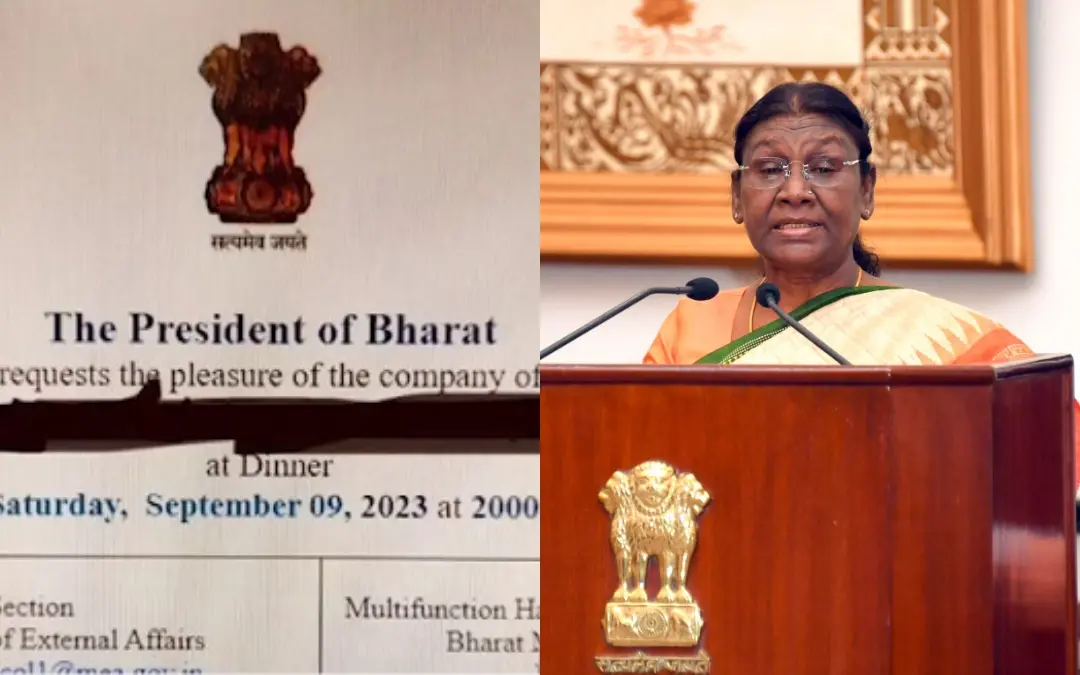 പ്രസിഡന്റ് ഓഫ് ഭാരത് എന്ന് രേഖപ്പെടുത്തിയ ക്ഷണക്കത്ത്, രാഷ്ട്രപതി ദ്രൗപതി മുര്മു | Photo: Screen grab/ Mathrubhumi News, ANI