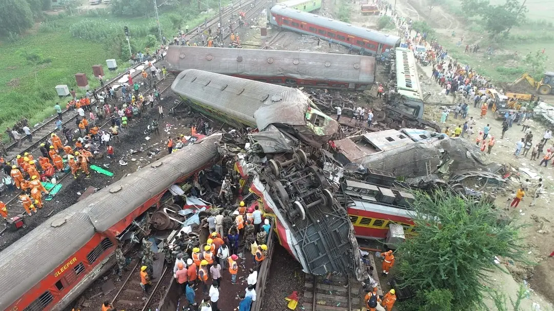 Rescue operation being conducted after four coaches of the Coromandel Express derailed after a head-on collision with a goods train | Photo: PTI