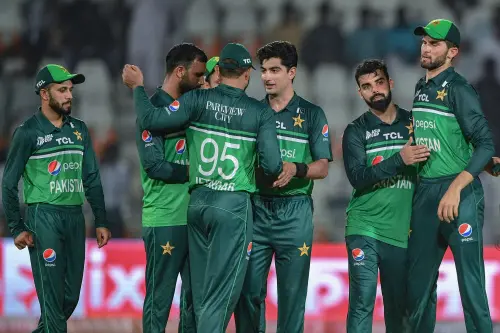 Pakistan's players celebrate after winning the Asia Cup 2023 cricket match between Pakistan and Nepal at the Multan Cricket Stadium in Multan on August 30, 2023. (Photo by ASIF HASSAN / AFP)