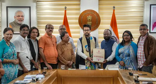 Union Minister for Information & Broadcasting, and Youth Affairs & Sports Anurag Singh Thakur being presented the jury recommendations for the 'Feature Films' category of the 69th National Film Awards 2021 by jury member Ketan Mehta along with other members during a meeting, in New Delhi, Thursday, Aug. 24, 2023 | Photo: PTI