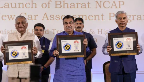 Union Minister for Road Transport and Highways Nitin Gadkari with Minister of State Gen. (Retd.) V K Singh and Ministry of Road Transport and Highways Secretary Anurag Jain during the launch of 'Bharat New Car Assessment Program' (Bharat NCAP), in New Delhi, Tuesday, Aug. 22, 2023 | Photo: PTI