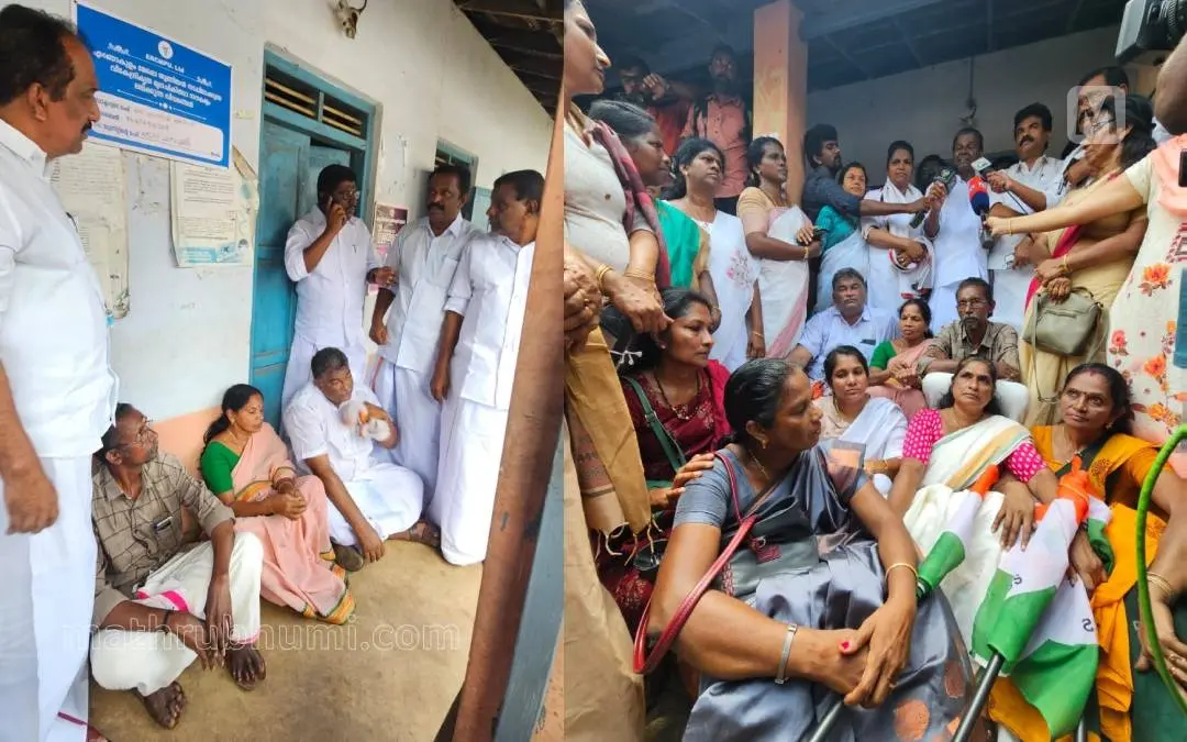 Sathiamma and Congress workers staging protest in front t of veterinary sub centre in Puthuppally.