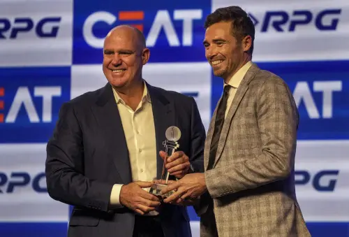 Mumbai: New Zealand cricketer Tim Southee receives the International Bowler of the Year award from Australian cricketer Matthew Hayden during CEAT Cricket Ratings awards function in Mumbai, Monday, Aug. 21, 2023. (PTI Photo/Kunal Patil)