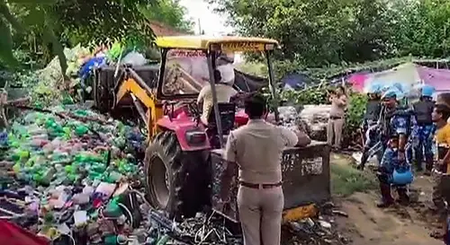 Police use heavy machinery to demolish shanties in Tauru near violence-hit Nuh, Thursday, Aug 3, 2023 | Photo: PTI