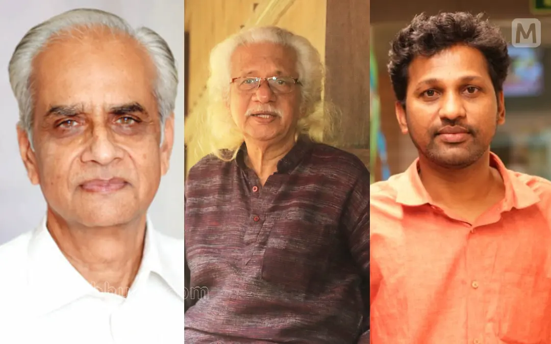 പുരസ്‌കാരം നേടിയ കെ. ജയകുമാര്‍, അടൂര്‍ ഗോപാലകൃഷ്ണന്‍, പി.വി.ഷാജികുമാര്‍ എന്നിവര്‍. | ഫോട്ടോ: മാതൃഭൂമി