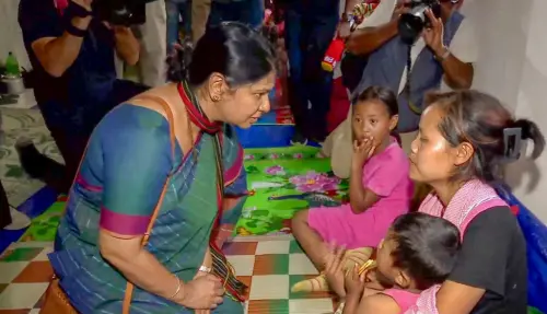 DMK MP Kanimozhi Karunanidhi during a visit to a relief camp for people affected by the ethnic violence in Manipur, in Churachandpur district, Saturday, July 29, 2023 | Photo: PTI