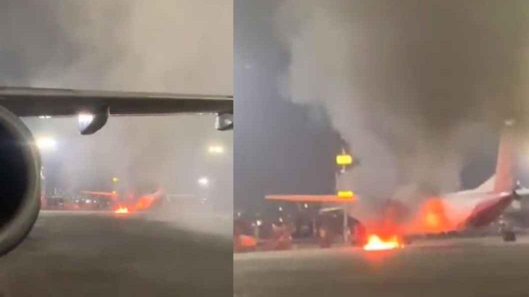 Grounded SpiceJet Q400 aircraft's engine catches fire at Delhi airport