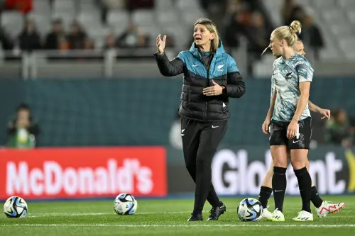 New Zealand's head coach Jitka Klimkova gestures as her team warms-up before the Women's World Cup soccer match between New Zealand and Norway in Auckland, New Zealand, Thursday, July 20, 2023. (AP Photo/Andrew Cornaga)