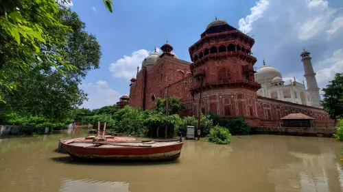 Agra: Floodwaters of the swollen Yamuna river at Dussehra Ghat behind the Taj Mahal, in Agra, Wednesday, July 19, 2023. (PTI Photo)