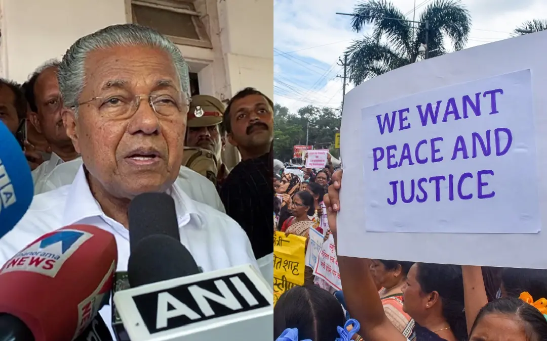 From (R) Visuals from protests in Ranchi condemning the violence in Manipur, Pinarayi Vijayan.  | Photo: ANI, PTI