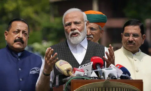 Prime Minister Narendra Modi addresses the media on the first day of the Monsoon Session of Parliament, in New Delhi, Thursday, July 20, 2023. Union Ministers Jitendra Singh, Arjun Ram Meghwal and Pralhad Joshi are also seen | Photo: PTI