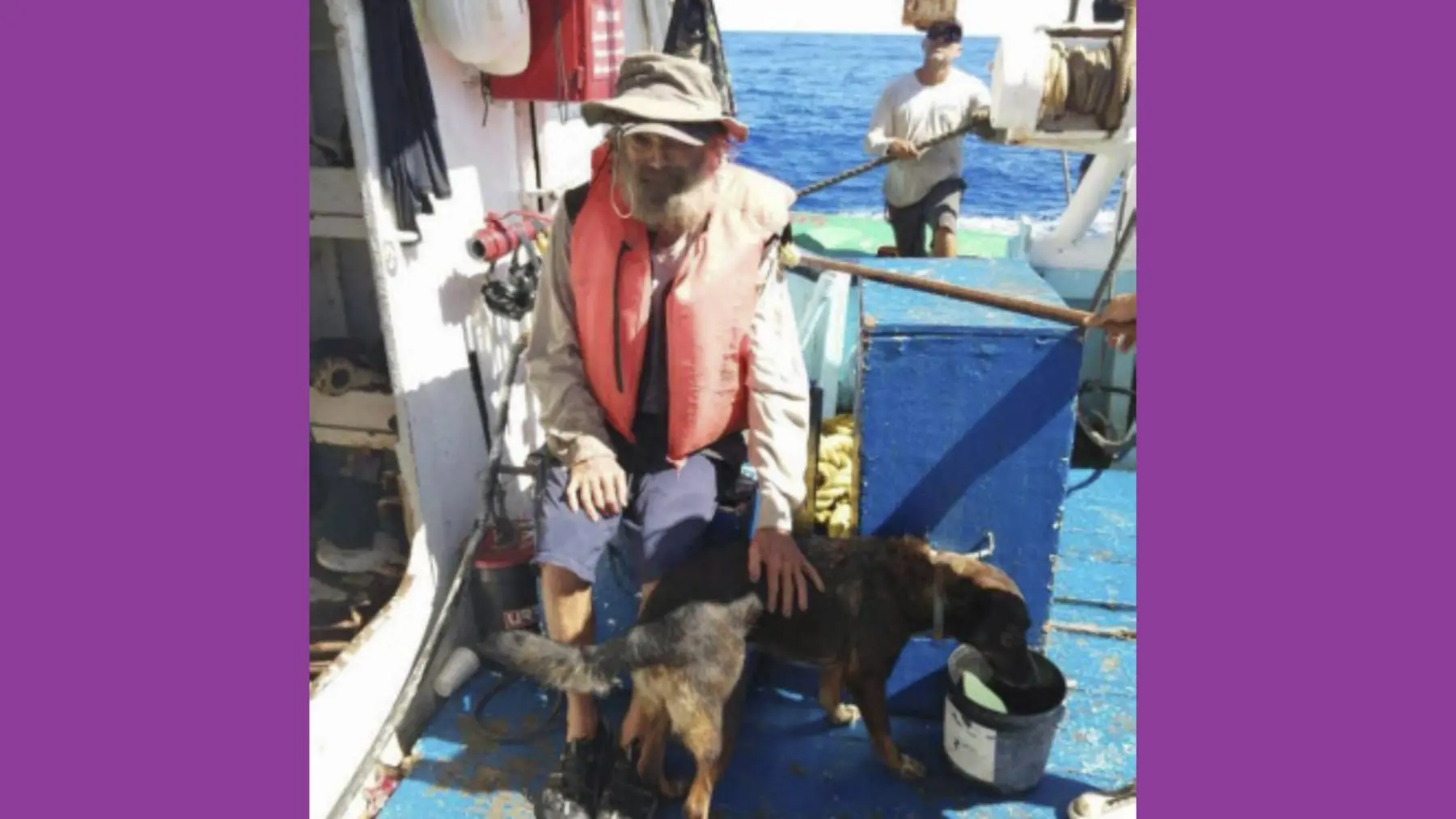 In this photo provided by Grupomar/Atun Tuny, Australian Tim Shaddock sits with his dog Bella after being rescued by a Mexican tuna boat in international waters, after being adrift with his dog for three months. Haddock and his dog, Bella were aboard his incapacitated catamaran Aloha Toa some 1,200 miles from land when they were rescued. AP/PTI