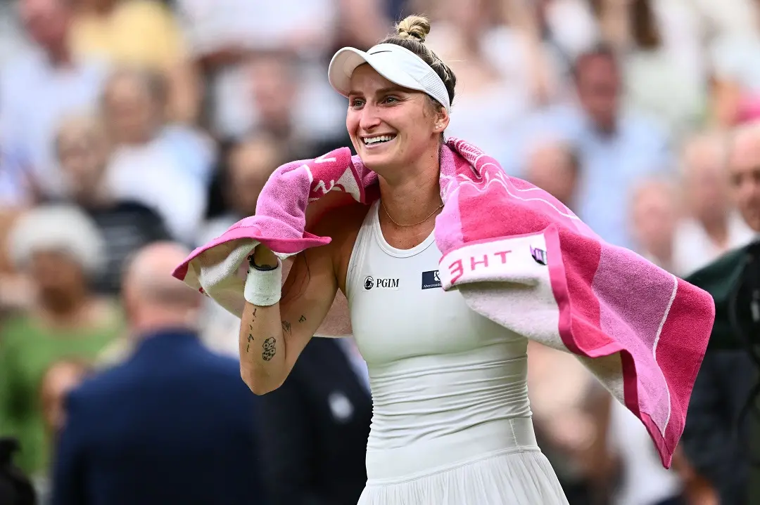Czech Republic's Marketa Vondrousova celebrates winning against Tunisia's Ons Jabeur at the end of their women's singles final tennis match on the thirteenth day of the 2023 Wimbledon Championships at The All England Lawn Tennis Club in Wimbledon, southwest London | Photo: AFP
