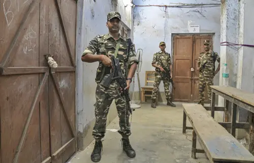 Nadia: Security personnel stand guard at a strong room where ballot boxes are kept after the West Bengal panchayat polls, in Nadia district, Sunday, July 9, 2023. (PTI Photo)