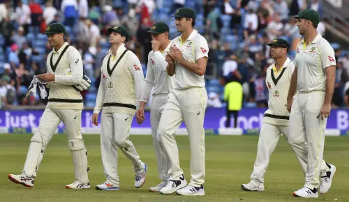 Australia team leave the pitch at the end of play during the third day of the third Ashes Test match between England and Australia at Headingley, Leeds, England, Saturday, July 8, 2023. (AP Photo/Rui Vieira)