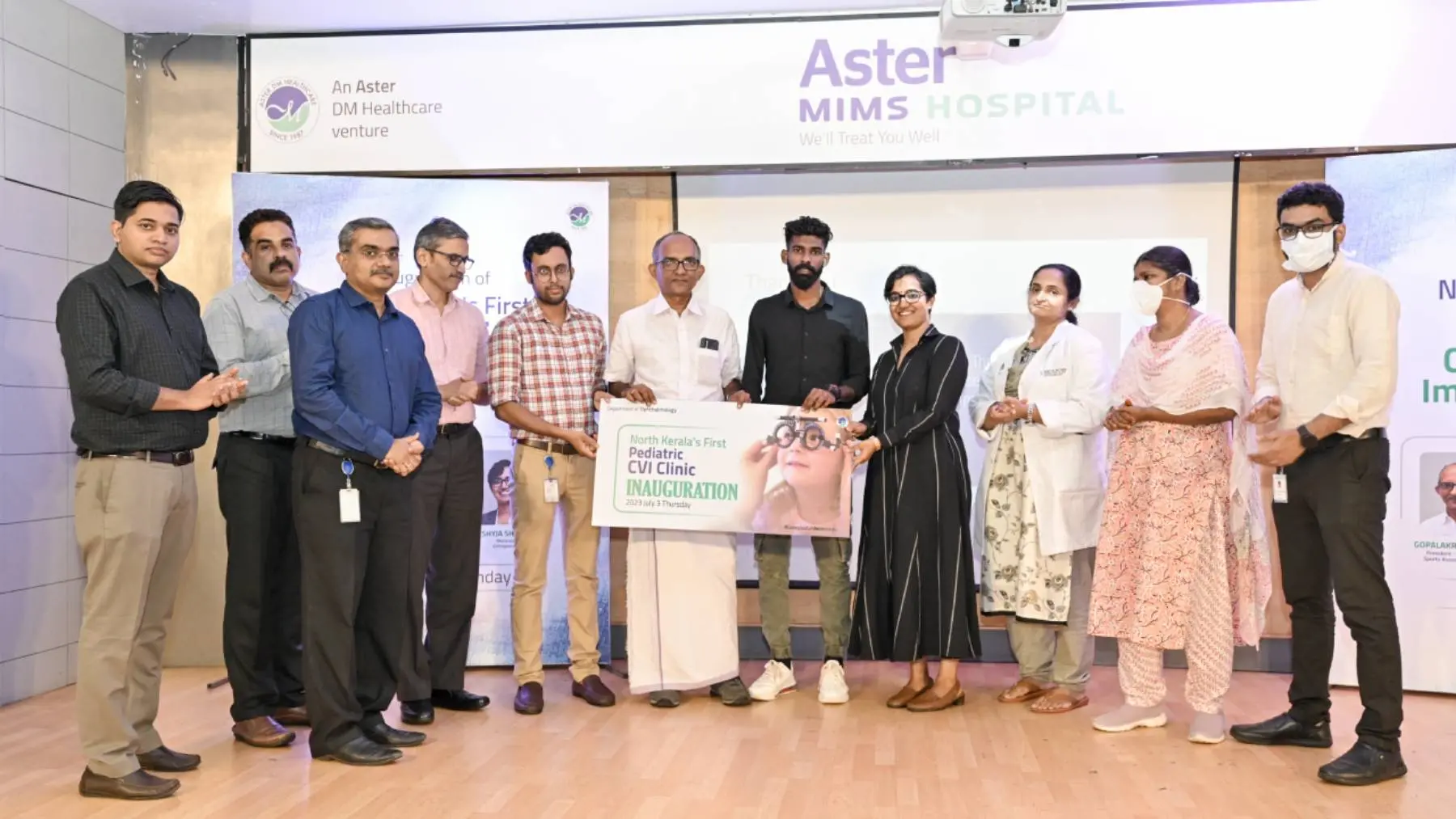 North Kerala's first CVI Clinic in private sector is inaugurated by Cerebral Palsy Sports Association Kerala President K. N Gopalakrishnan and Kerala Cerebral Palsy Football Team Captain Sijo George and motivator and entrepreneur Shyja Shanoj. Lukman Ponmadath, Chief Operating Officer, Dr. Sujith V. Nayanar, Director-Ophthalmology, Aster MIMS Cluster, Dr. Sunita Mathew, Head of the Department of Ophthalmology, Dr. A.J Nirmal, Consultant in the Pediatric Ophthalmology Department, Senior Consultants and doctors from Ophthalmology Department nearby.