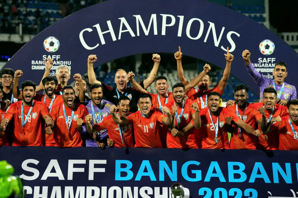 Indian football team players celebrate with the SAFF Championship 2023 trophy | PTI
