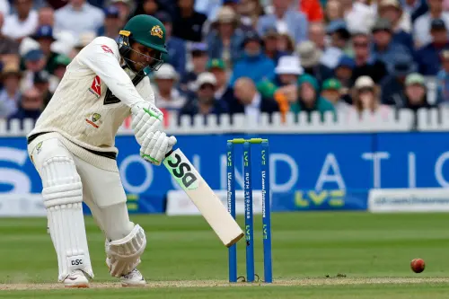 Australia's Usman Khawaja hits a boundary on day three of the second Ashes cricket Test match between England and Australia at Lord's cricket ground in London on June 30, 2023. Photo:AFP