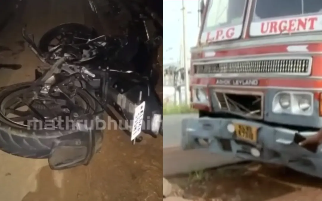 അപകടത്തില്പ്പെട്ട ബൈക്കും ടാങ്കര് ലോറിയും | Photo: Screen grab/ Mathrubhumi News