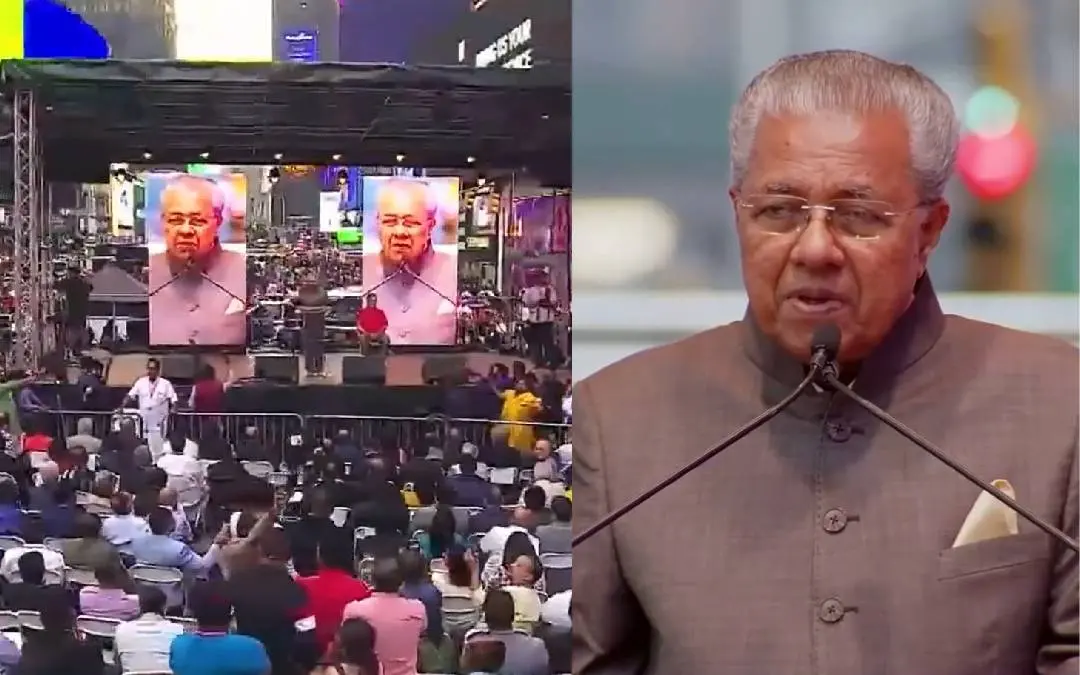Pinarayi Vijayan speaks at public gathering as part of the regional conference of Loka Kerala Sabha at Times Square, New York | Videograbs: Facebook/PinarayiVijayan