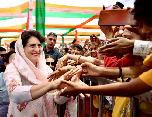 Congress general secretary Priyanka Gandhi Vadra meets supporters after performing Narmada Pooja at Gwarighat in Jabalpur on Monday | Photo: ANI