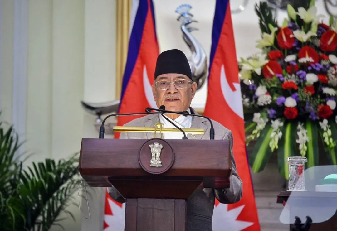 Nepal PM Pushpa Kamal Dahal aka 'Prachanda' addresses during a joint press meet with Prime Minister Narendra Modi, at Hyderabad House in New Delhi | Photo: ANI