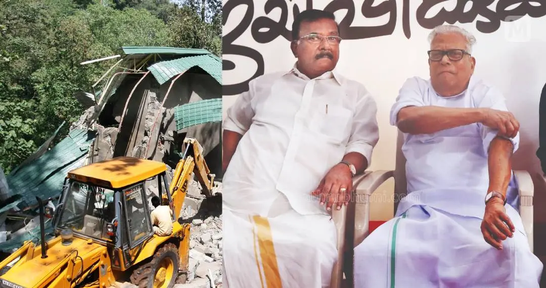A JCB pulls down an illegal construction in Munnar - C Divakaran, VS Achuthanandan | Photos: TK Pradeep Kumar, Binulal G ; Mathrubhumi