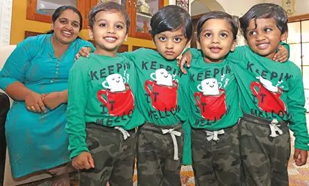 Vidhan, Vihan Viyan and Vivan with their mother | Photo: Mathrubhumi