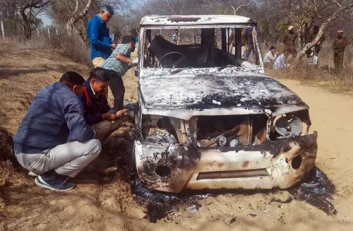 Charred remains of a vehicle where bodies of two Muslim men were found, at Loharu in Bhiwani district, Haryana. Nasir and Junaid alias 'Juna', both residents of Ghatmeeka village in Bharatpur district of Rajasthan, were allegedly abducted on Wednesday and their bodies were found on Thursday morning | Photo: PTI