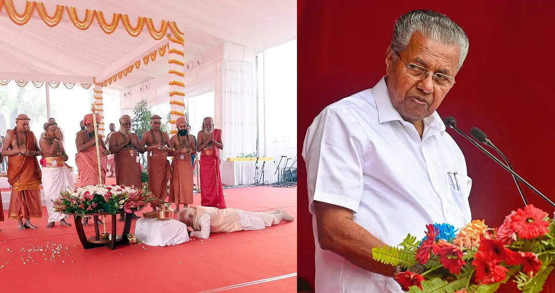 Prime Minister Narendra Modi bows as a mark of respect before the 'Sengol' during the ceremony to mark the beginning of the inauguration of the new Parliament building- Chief Minister Pinarayi Vijayan | Photos: ANI, PTI