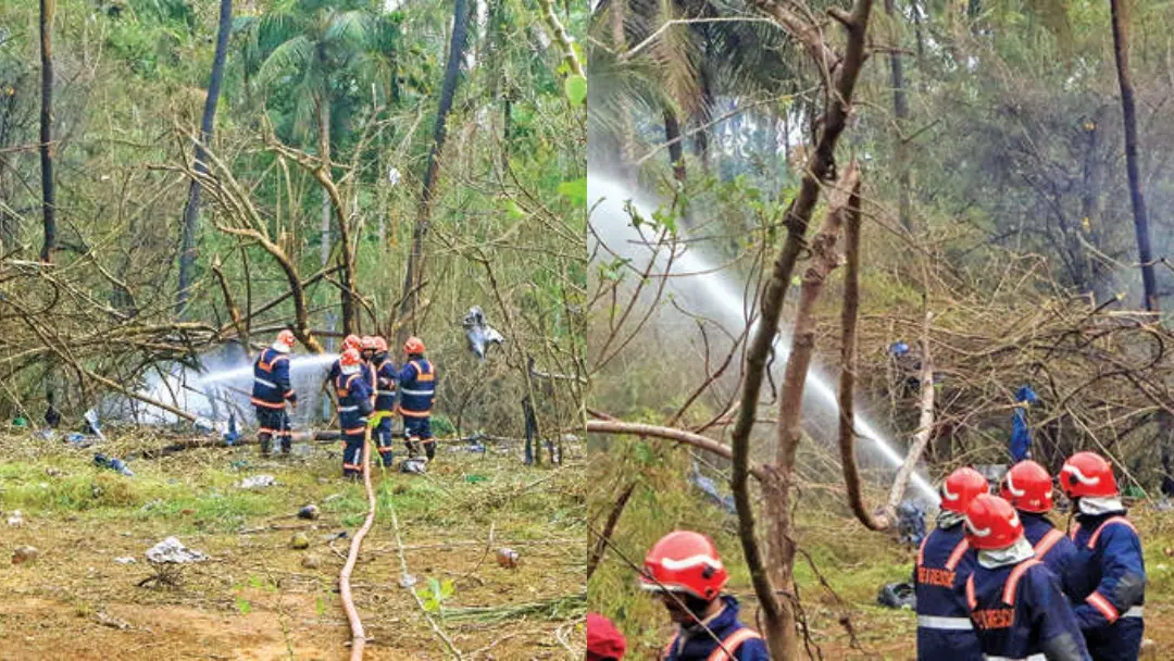 Fire safety officers attempt to put out fire following explosion at a firecracker unit in Thrissur