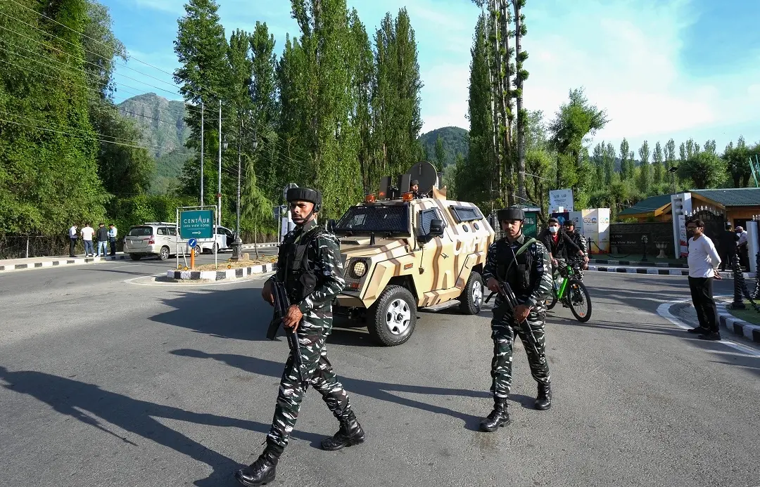 Security personnel outside Sher-e-Kashmir International Convention Centre (SKICC) as part of security arrangements on the eve of G20 meet | Photo: PTI