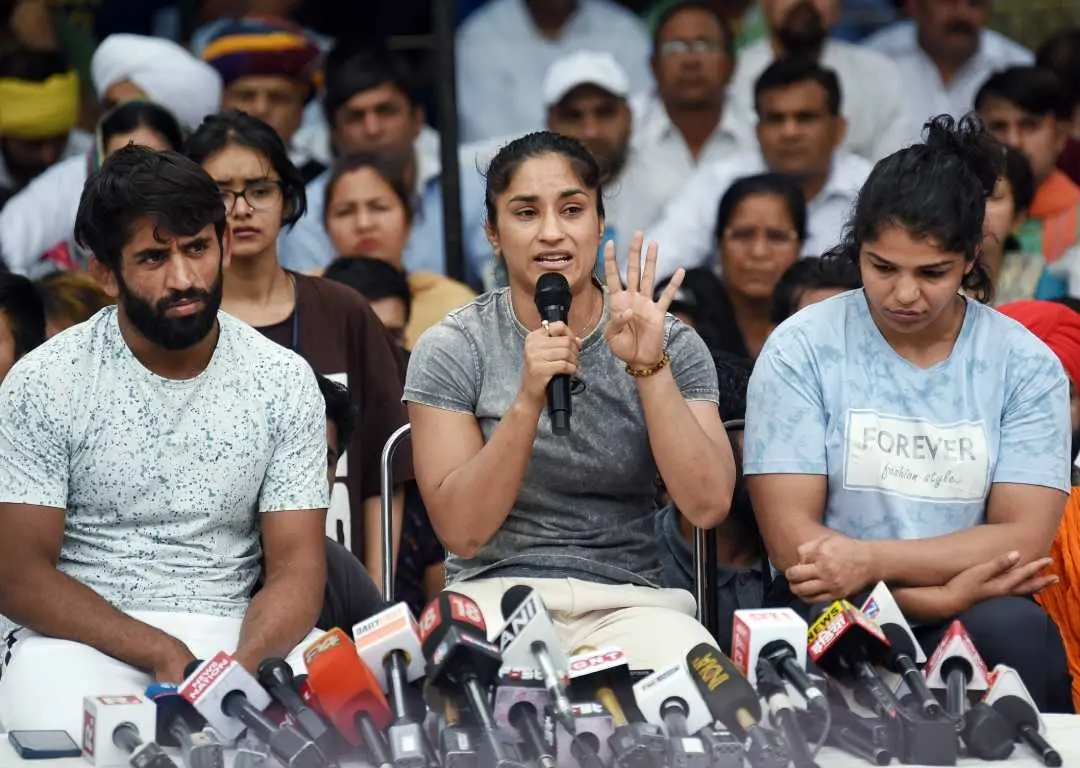 Wrestler Vinesh Phogat addresses the media during a protest against Wrestling Federation of India | Photo: ANI