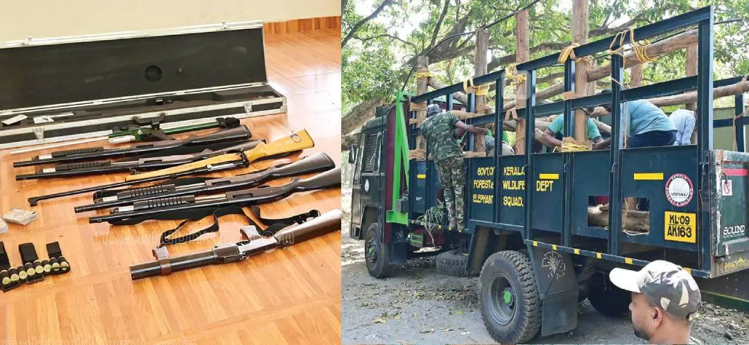 Guns and other equipment to tranquilise PT 7, lorry to carry the elephant after tranquilising