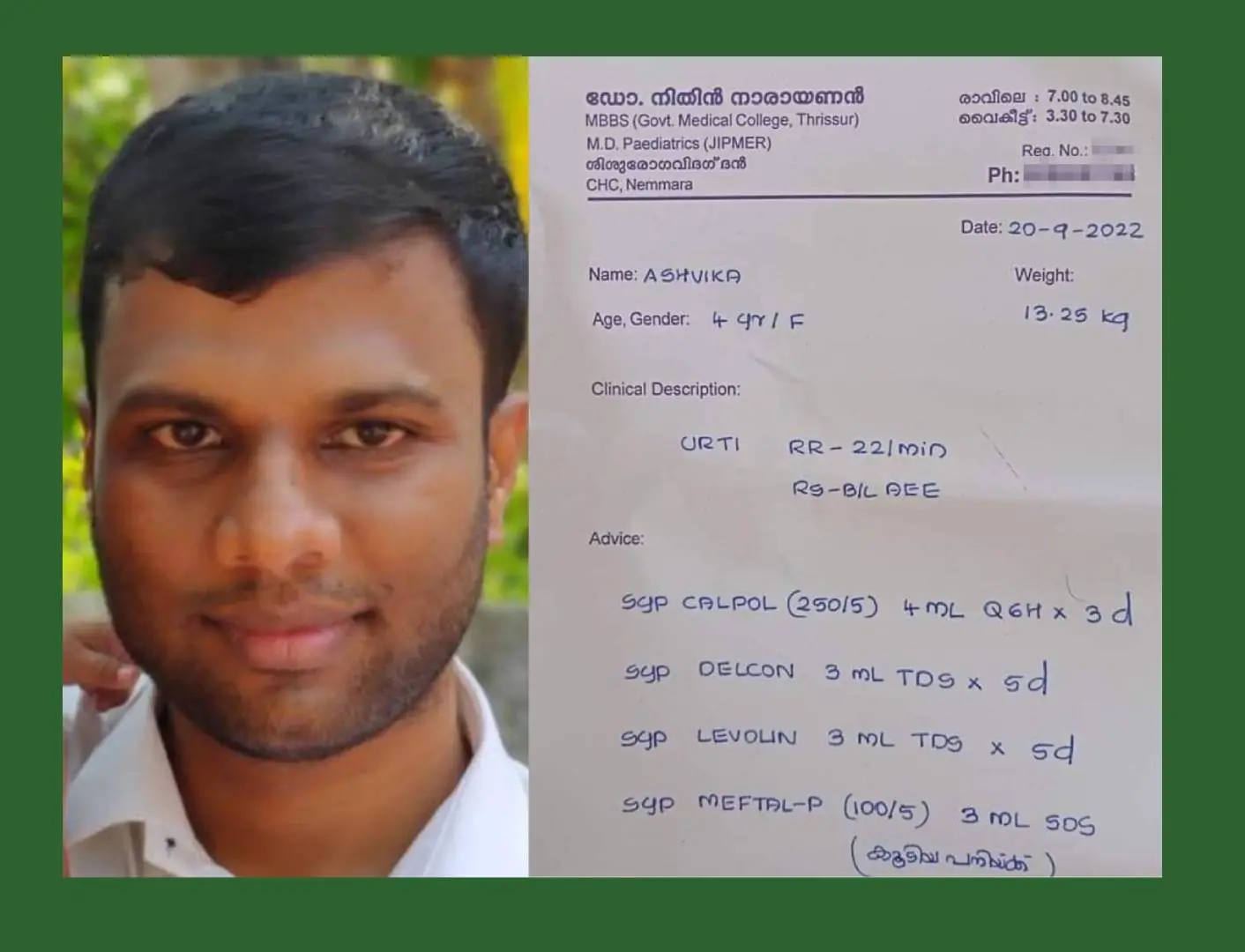 Dr Nithin Narayanan-his medical prescription that is getting viral on social media | Photo: Special arrangement
