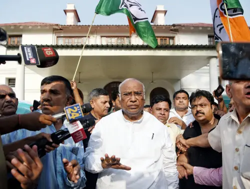 Congress National President Mallikarjun Kharge reacts to media persons as he arrives at his residence after winning Karnataka assembly elections, in New Delhi | Photo: ANI