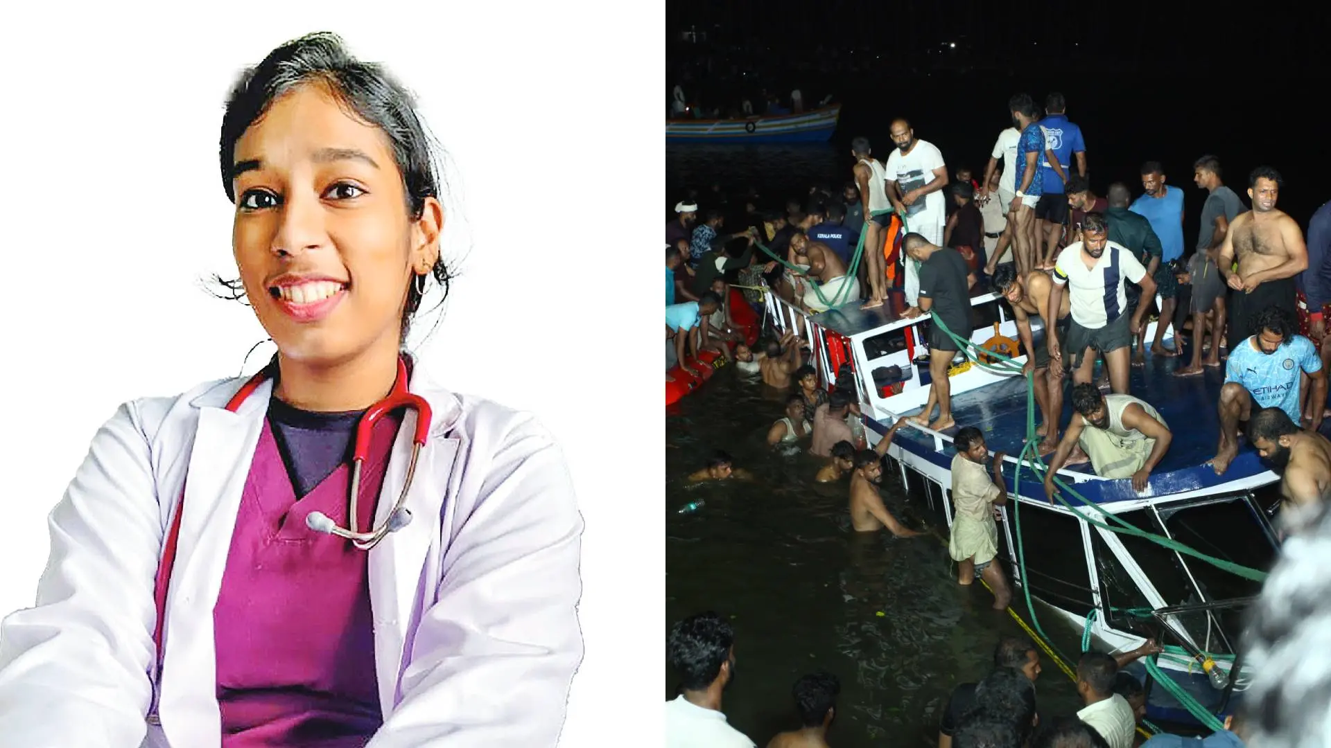 Dr Vandana Das (left), rescue operation after The Atlantic boat capsized in Tanur | Photo: Mathrubhumi