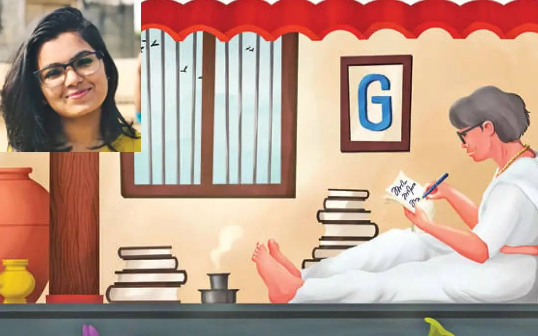 ബാലാമണിയമ്മയ്ക്ക് ആദരമർപ്പിച്ചുകൊണ്ടുള്ള ഗൂഗിളിന്റെ ഡൂഡിൽ. ഇൻസെറ്റിൽ ചിത്രം വരച്ച ദേവിക