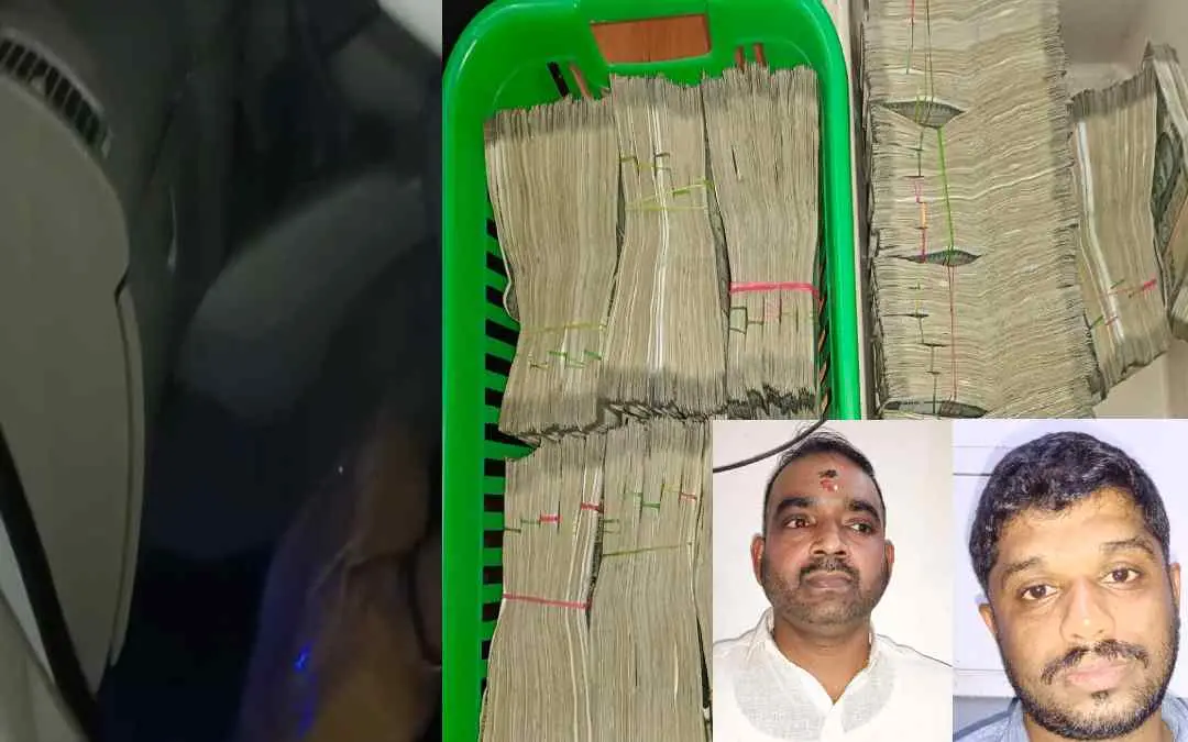 Currencies seized, Sumesh and Bennet in the inset