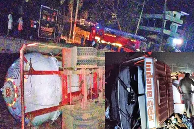 Bullet gas tanker lorry overturns on Kannur highway, traffic restricted
