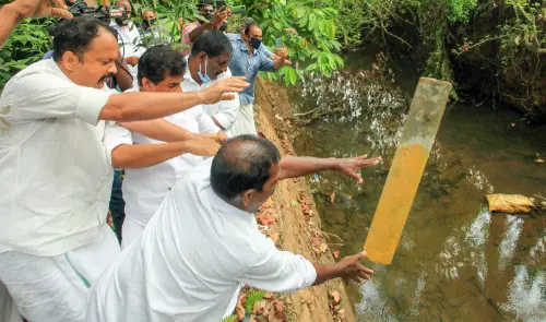 Congress workers in Kottayam remove a Silverline survey stone | Photo: Mathrubhumi