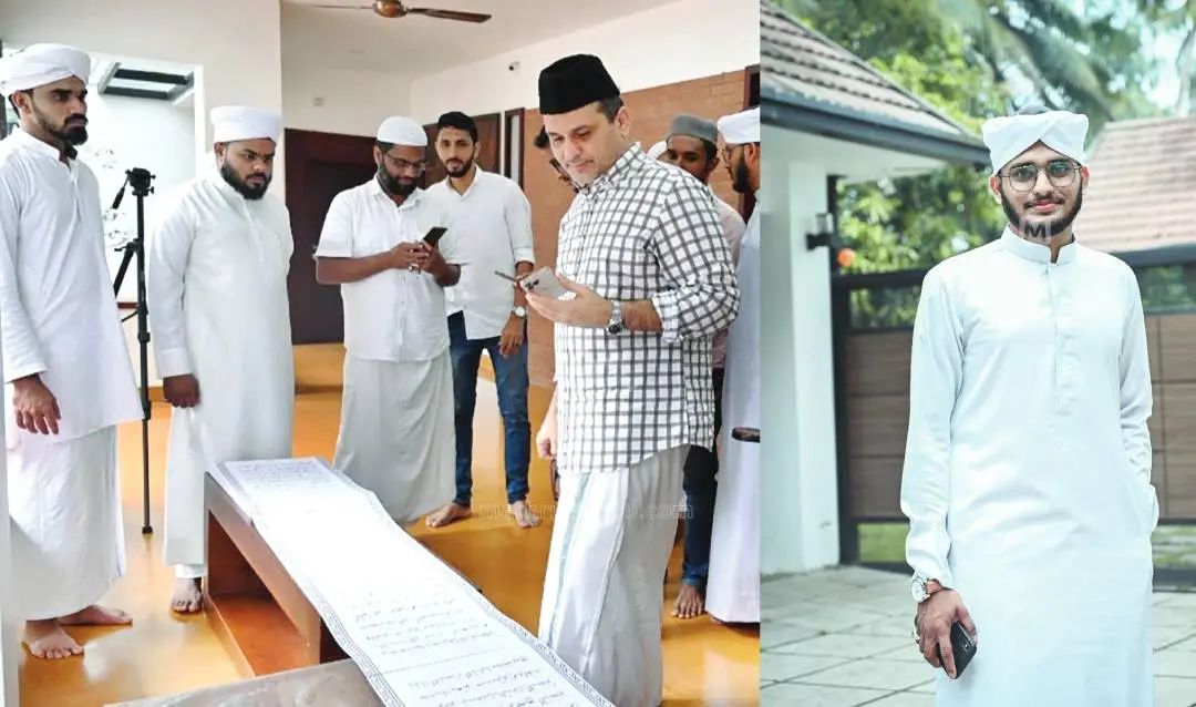 Panakkad Munavvar Ali Shihab Thangal evaluates Jaseem's handwritten Quran, Muhammad Jaseem | Photo: Mathrubhumi